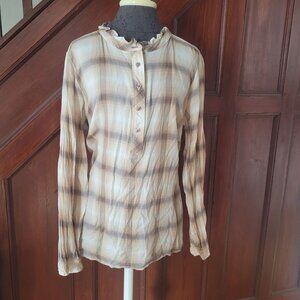 Talbots Plus 1X Beige Plaid Button Front Top Womens Long Sleeve Lightweight Blou